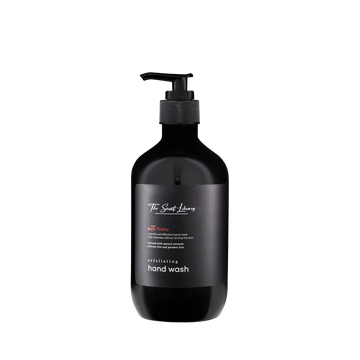 Fruity exfoliating hand wash by The Scent Library in a black pump bottle with a gold label