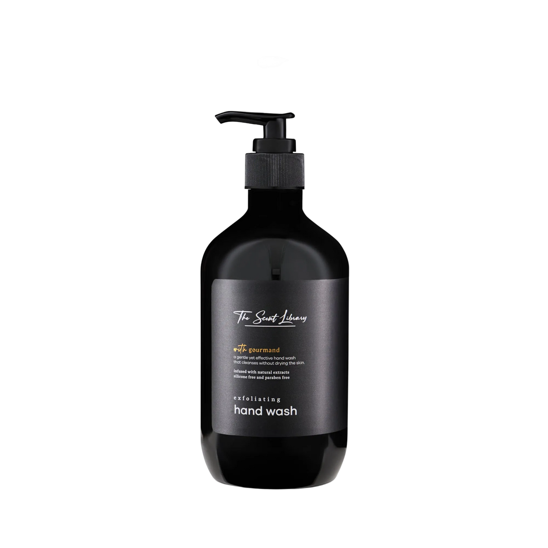 Sweet gourmand exfoliating hand wash by The Scent Library in a black pump bottle with a gold label