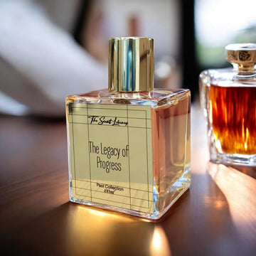 The Legacy of Progress perfume by The Scent Library, a clear gold-capped glass bottle on a wooden table in a lifestyle setting, Past Collection