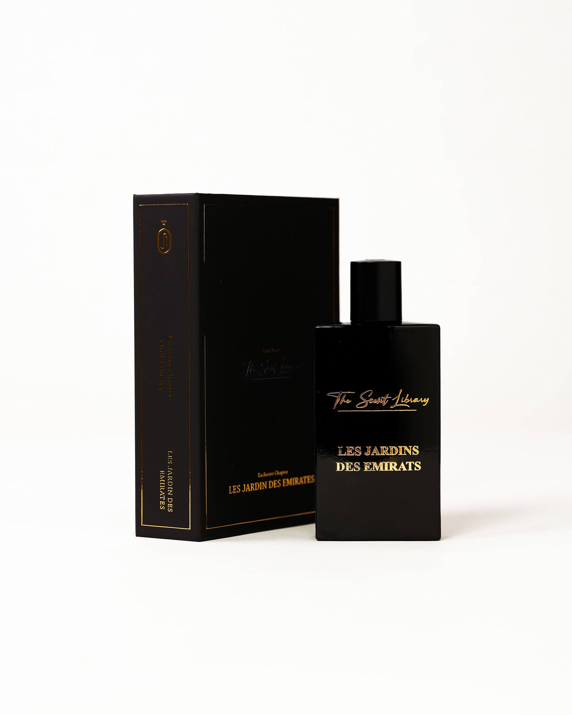 Les Jardins des Emirats eau de parfum by The Scent Library, a black bottle with gold lettering, alternate view