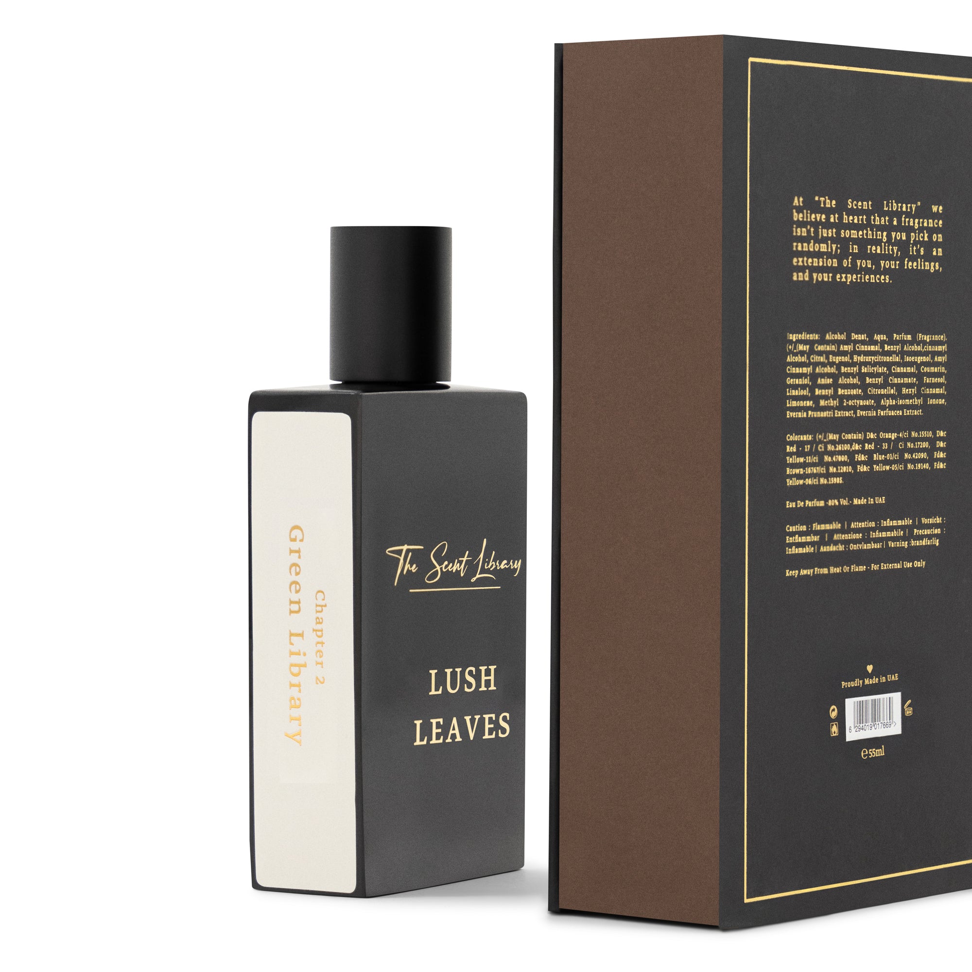 The Scent Library Lush Leaves perfume in elegant packaging for a fresh and natural fragrance experience