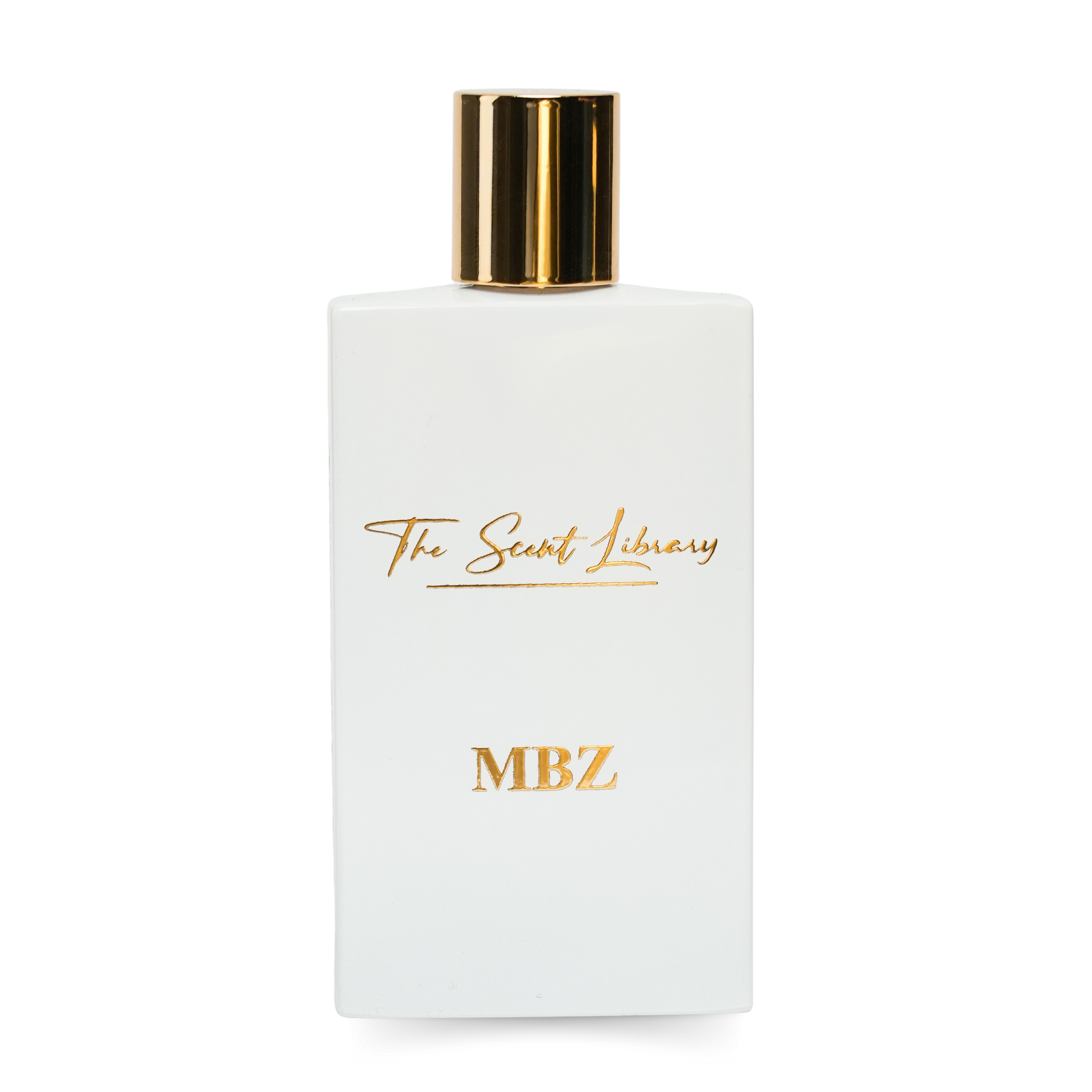 MBZ Chapter 10 perfume from The Scent Library in elegant white bottle with gold accents