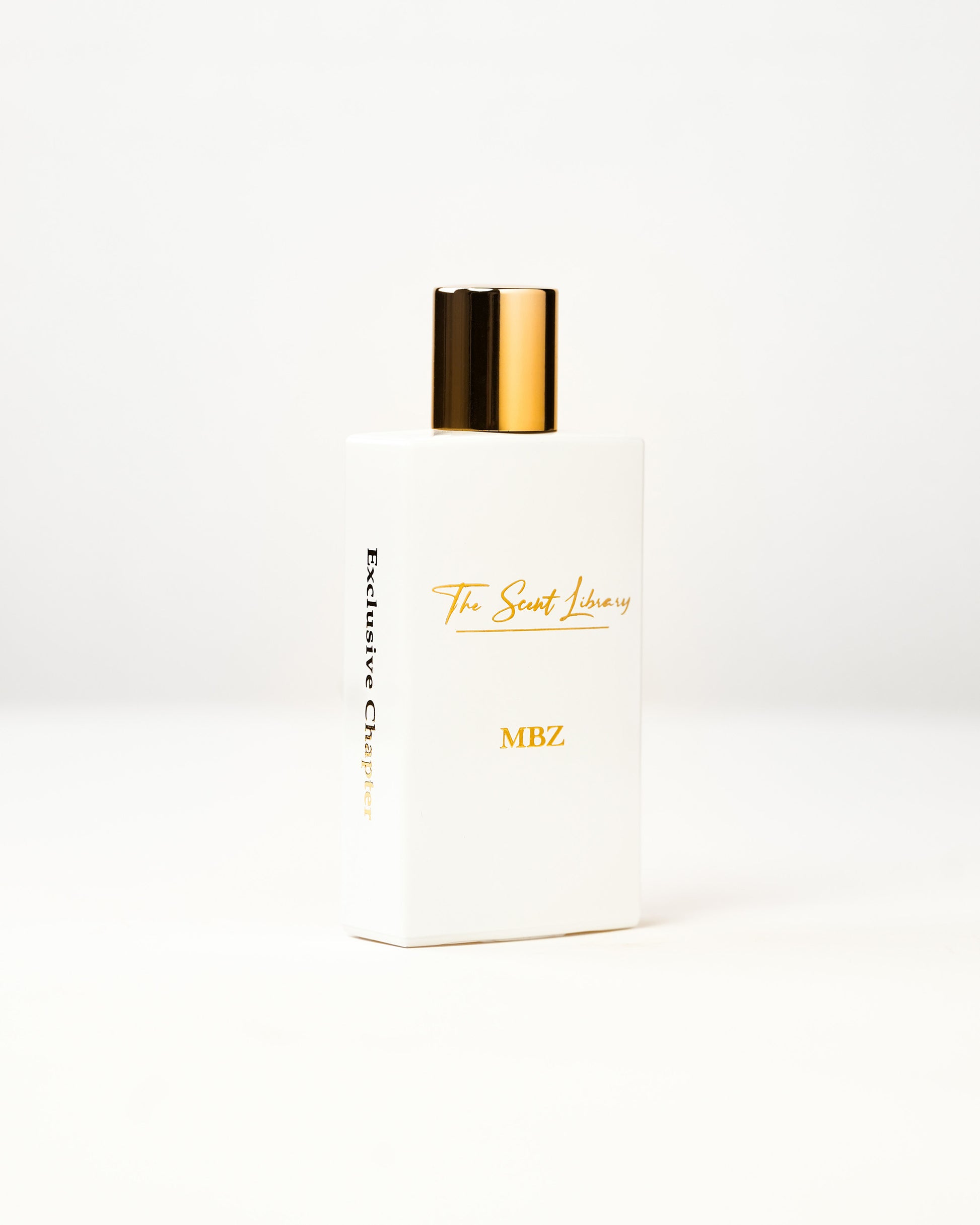 MBZ eau de parfum by The Scent Library, a white rectangular bottle with a gold cap and gold lettering, Exclusive Chapter side label