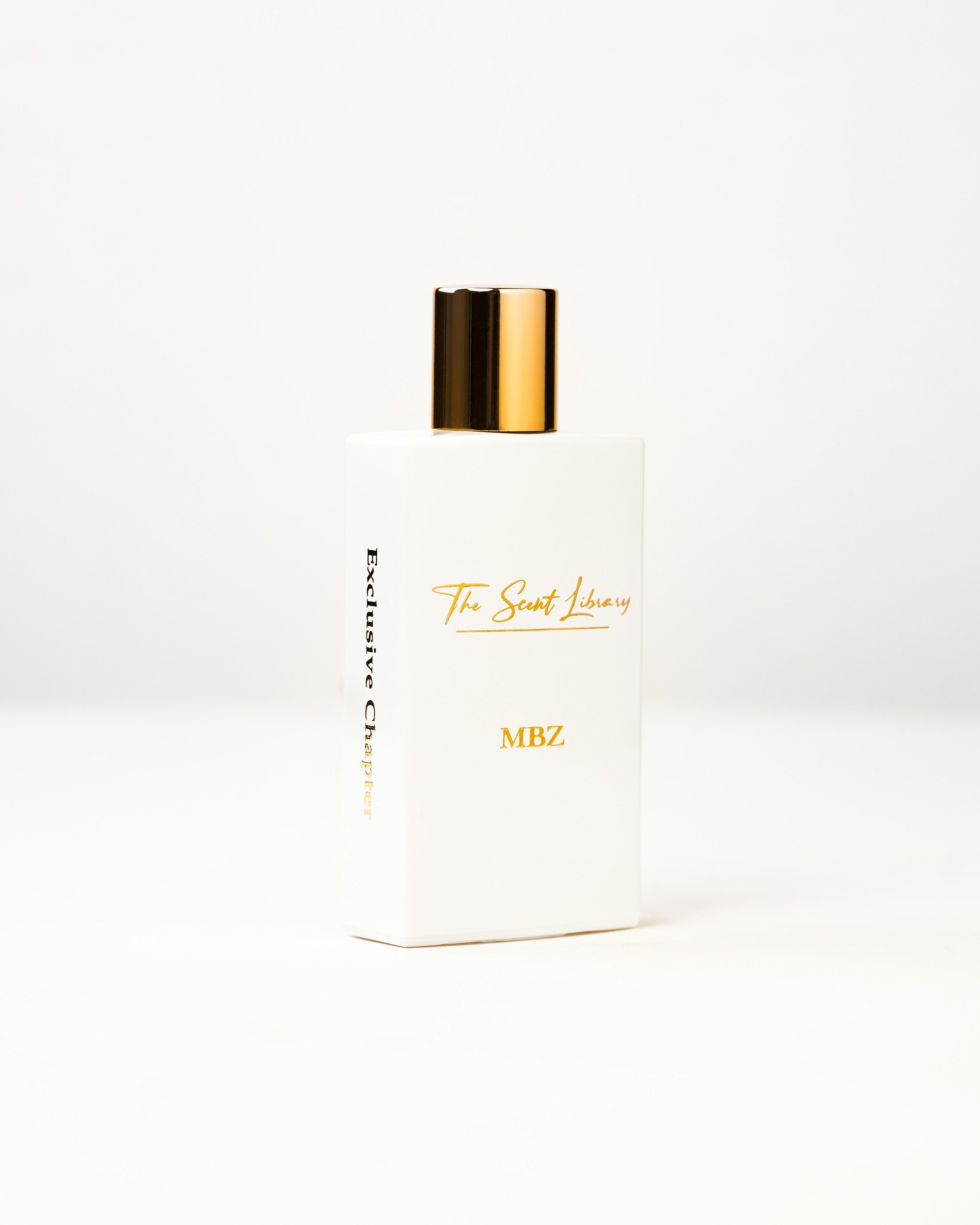 MBZ eau de parfum by The Scent Library, a white rectangular bottle with a gold cap and gold lettering, Exclusive Chapter side label