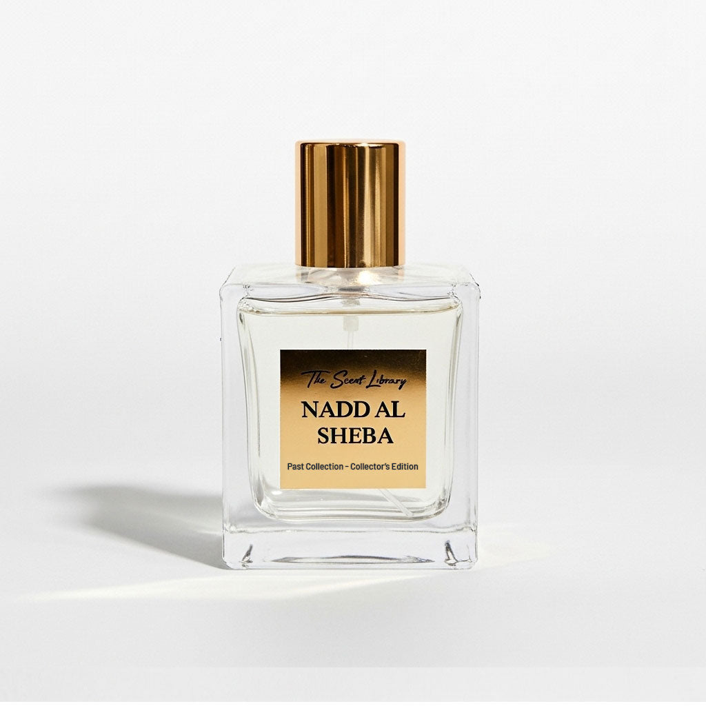 The Scent Library Nadd Al Sheba perfume in a clear bottle with gold accents for collectors