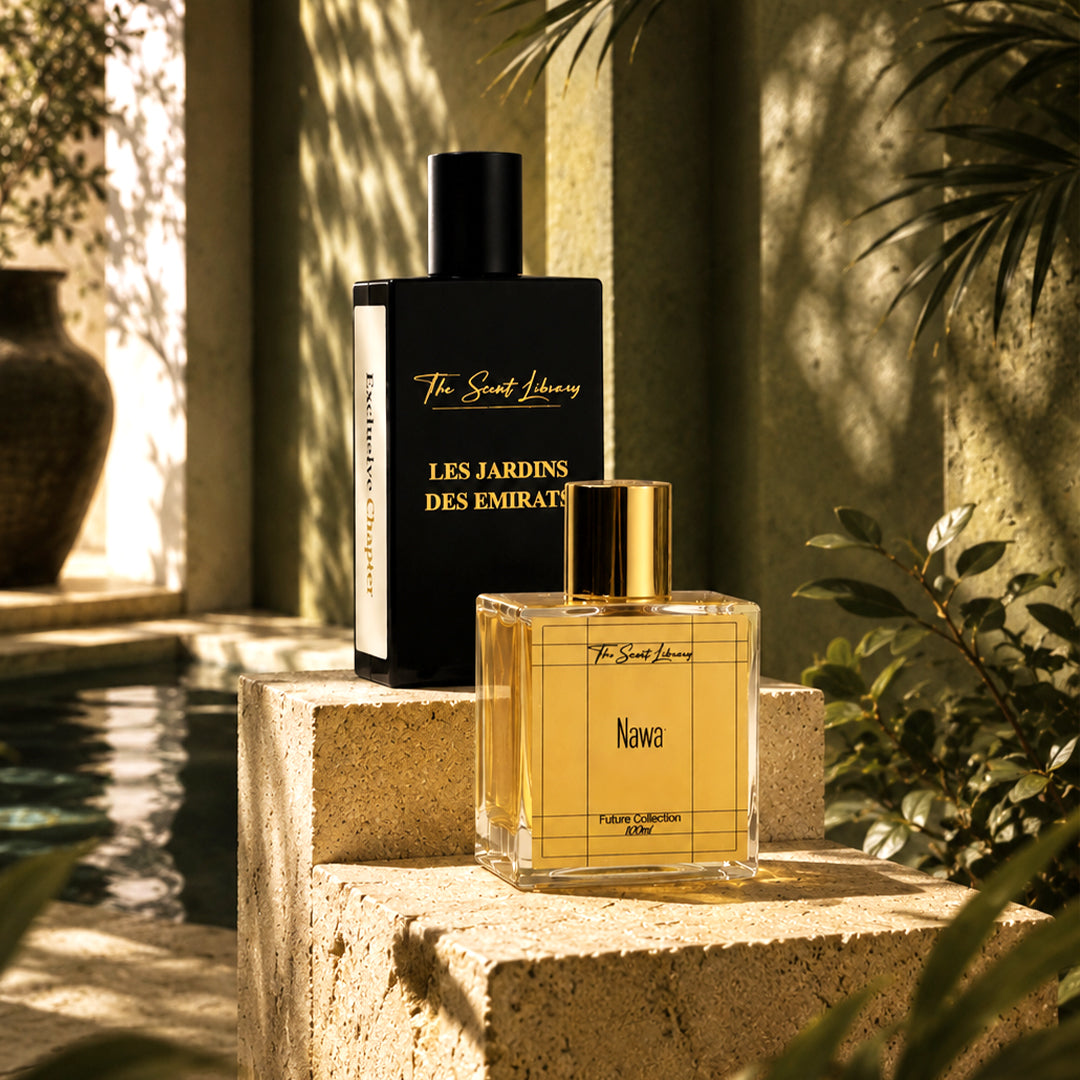 The Scent Library Nawa 100ml bottle with floral notes beside Les Jardins des Emirats box