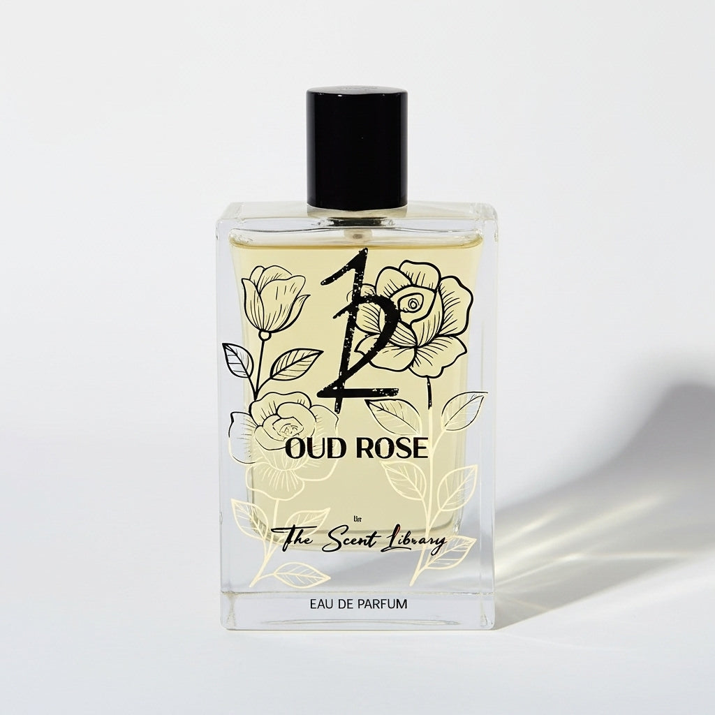 Oud Rose perfume Dubai by The Scent Library in a floral designed bottle with elegant packaging