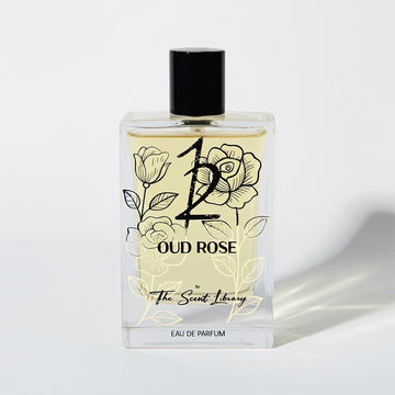 Oud Rose perfume Dubai by The Scent Library in a floral designed bottle with elegant packaging