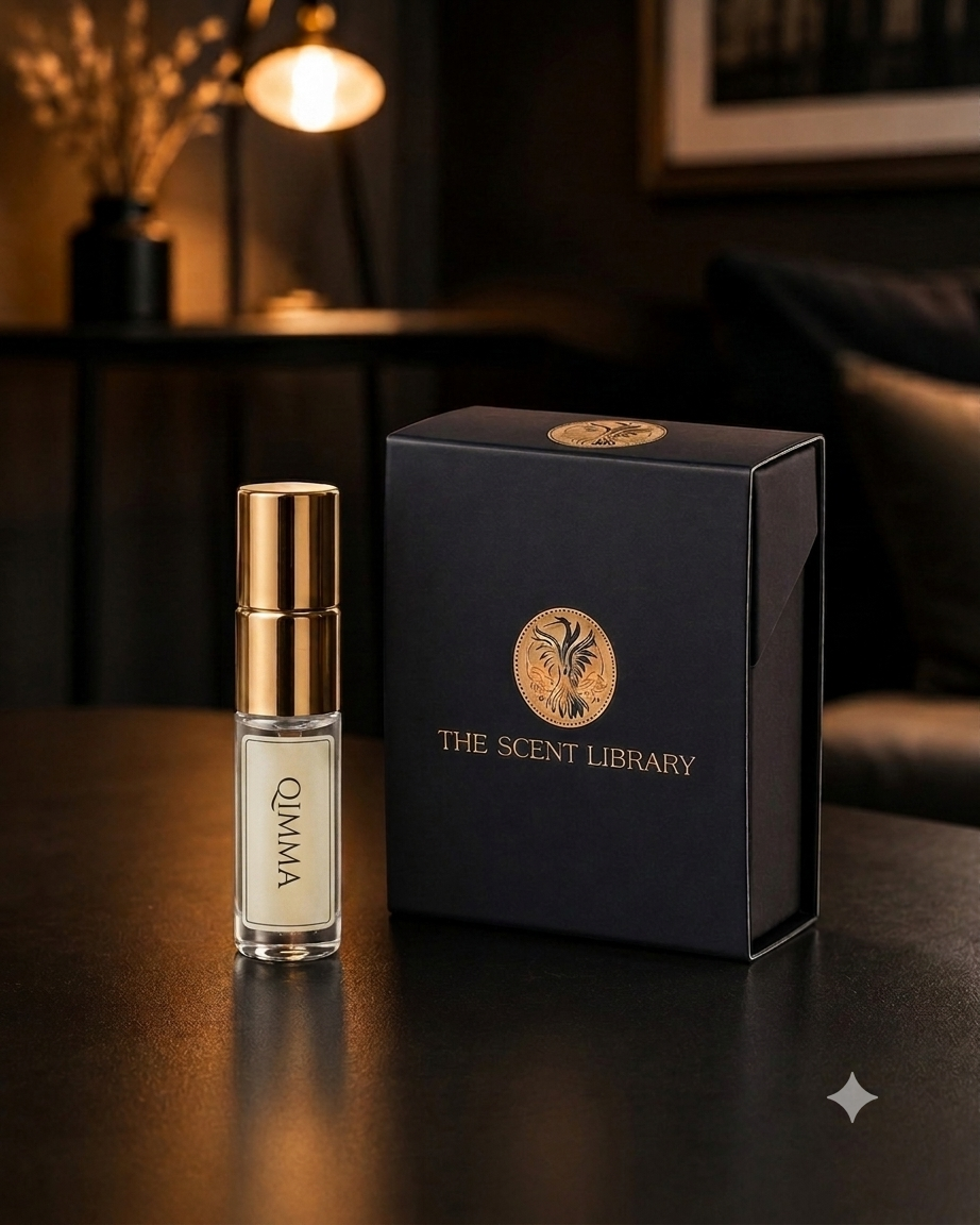 Qimma 3ml sample vial by The Scent Library — leather and tobacco Collector's Edition perfume
