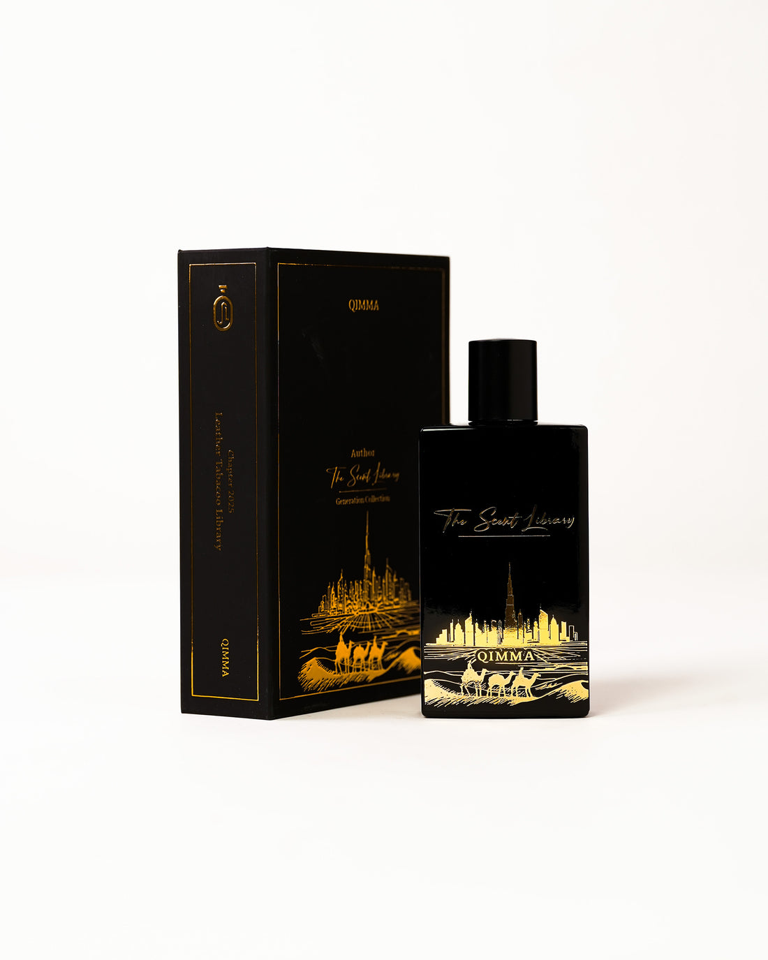 Qimma Collector's Edition by Julien Rasquinet at The Scent Library, a black bottle with gold Dubai skyline and camel artwork, Chapter 2020s Leather Tobacco Library