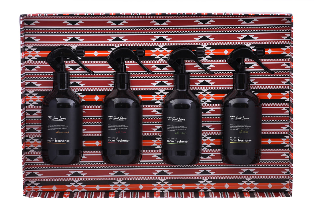 The Scent Library Gift Box with four 100ml spray bottles featuring home fragrance suggestions