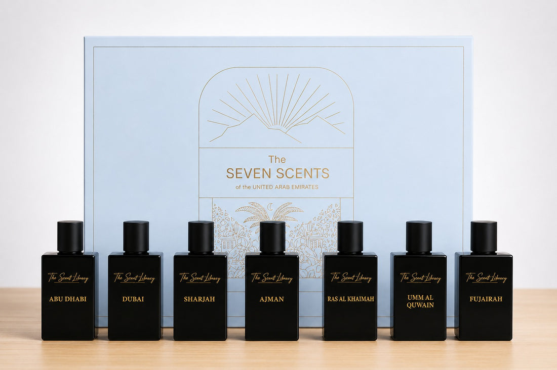 The Seven Scents of UAE collection by The Scent Library — seven extrait de parfum bottles representing each emirate