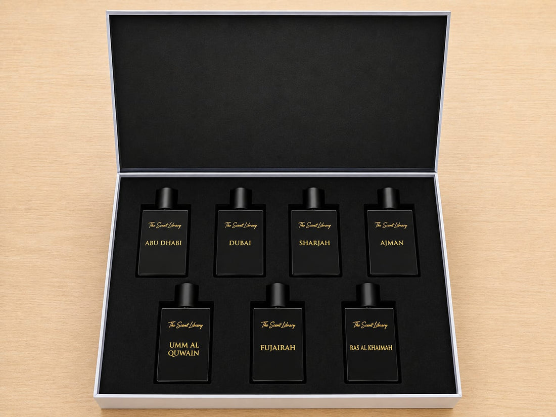 The Seven Scents of UAE collection by The Scent Library — seven extrait de parfum bottles representing each emirate