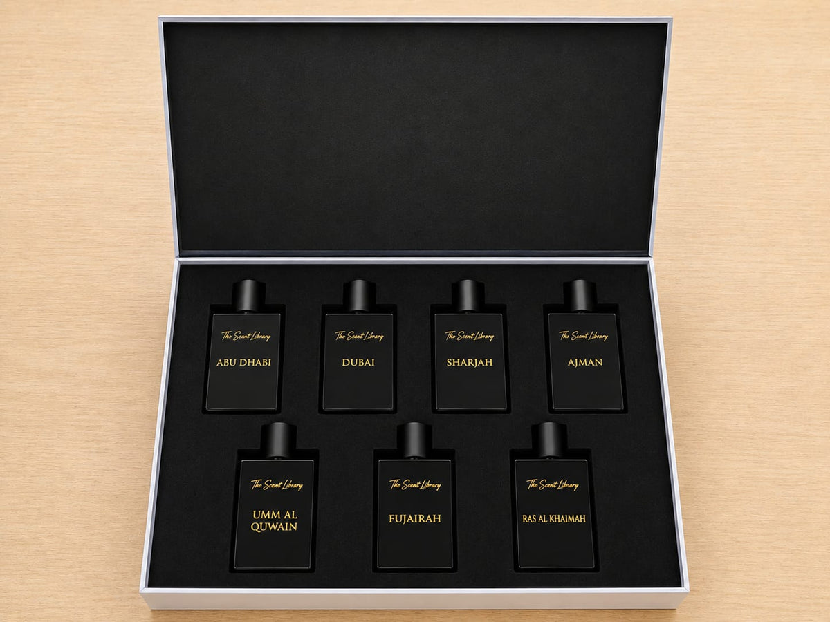 The Seven Scents of UAE gift set by The Scent Library, frosted glass bottles with wooden caps