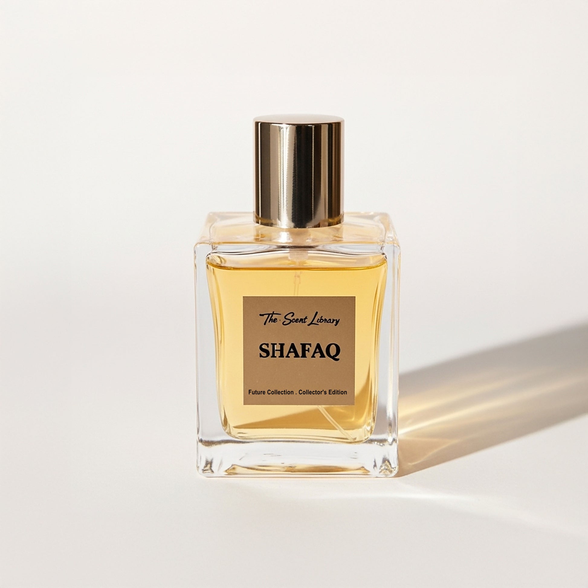 Elegant Shafaq perfume Dubai in a clear glass bottle from The Scent Library's Collector's Edition