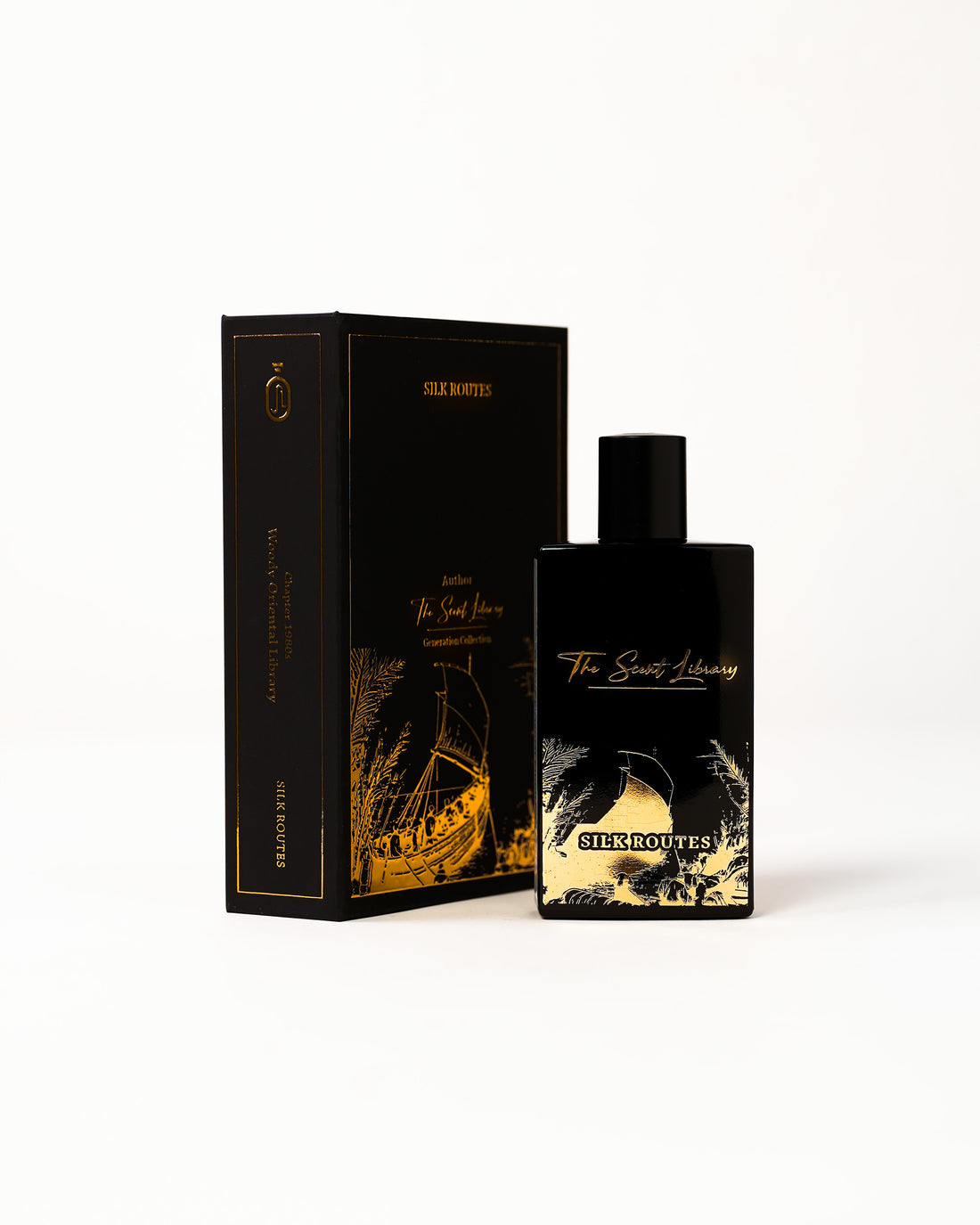Silk Routes Collector's Edition by Kevin Mathys at The Scent Library, a black bottle with gold ship and palm artwork, Chapter 1980s Woody Oriental Library