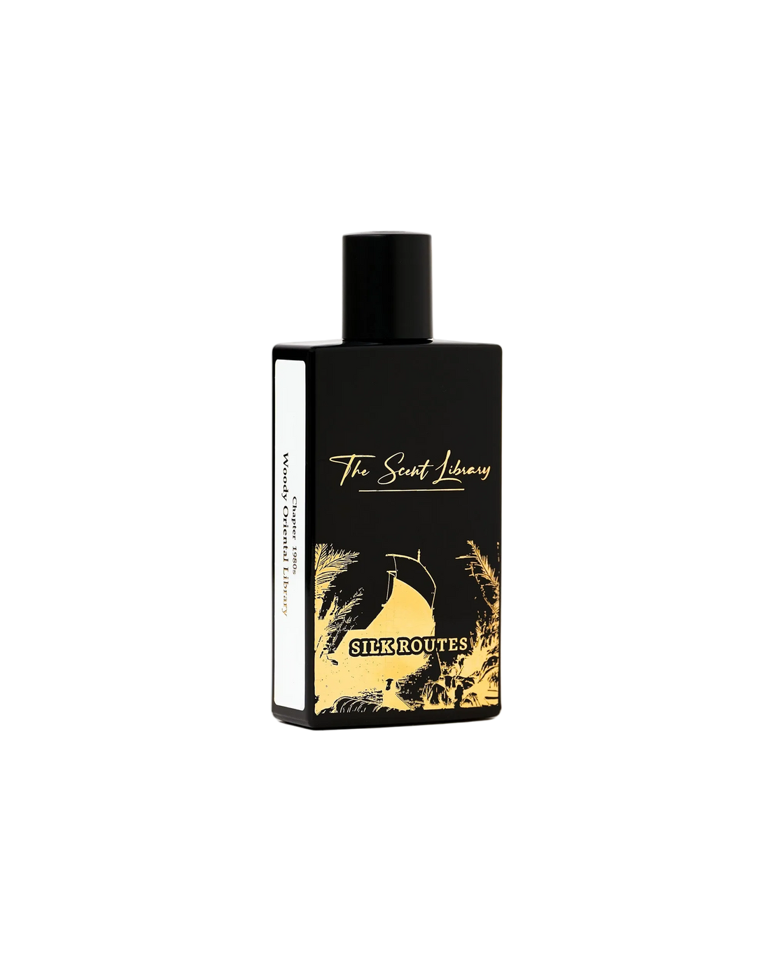 Silk Routes Collector's Edition by Kevin Mathys at The Scent Library, a black bottle with gold ship and palm artwork, Chapter 1980s Woody Oriental Library