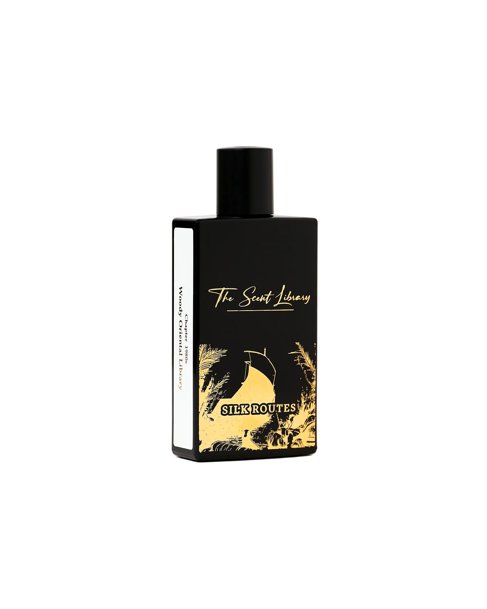 Silk Routes Collector's Edition by Kevin Mathys at The Scent Library, a black bottle with gold ship and palm artwork, Chapter 1980s Woody Oriental Library
