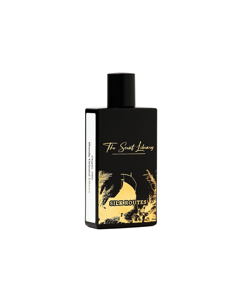 Silk Routes Collector's Edition by Kevin Mathys at The Scent Library, a black bottle with gold ship and palm artwork, Chapter 1980s Woody Oriental Library