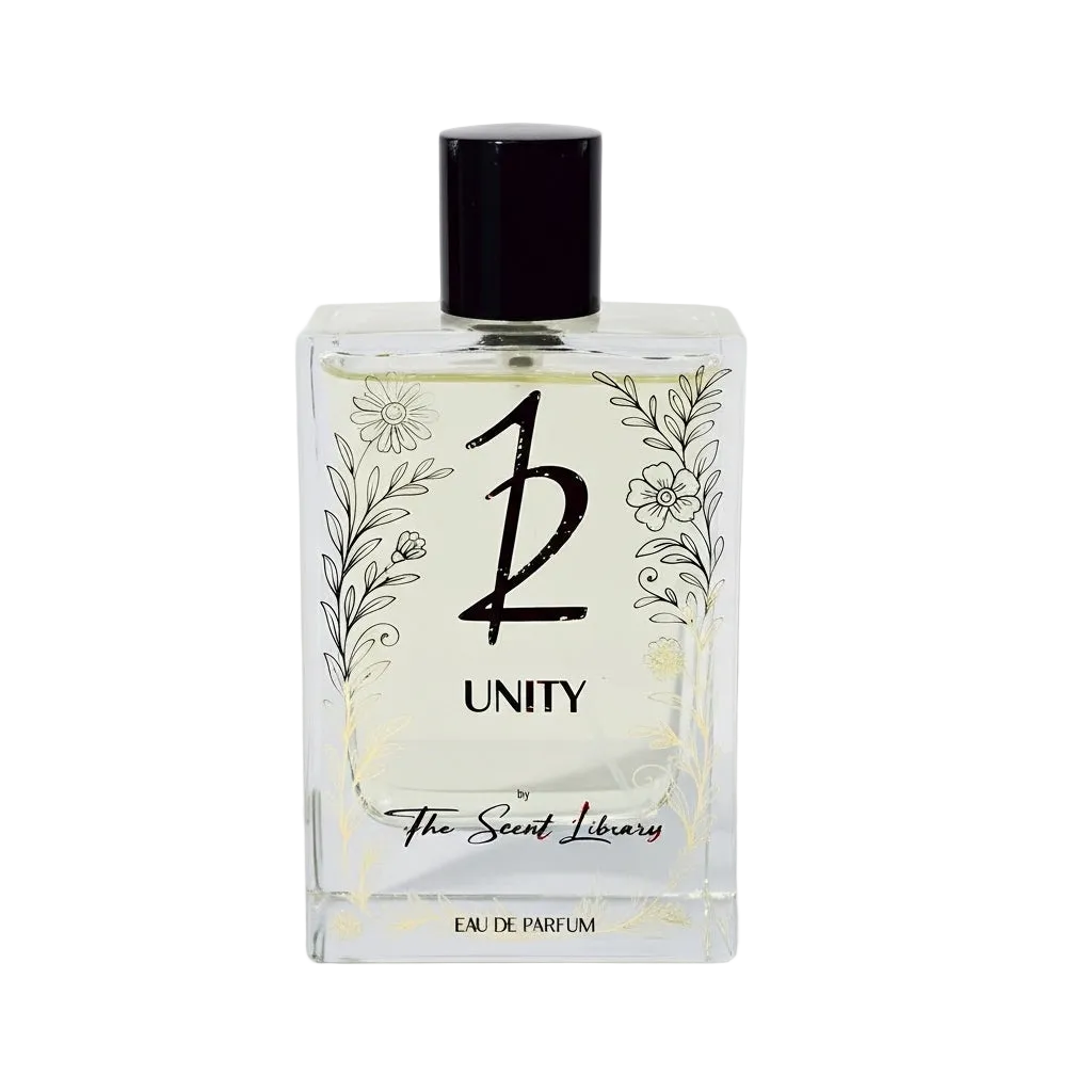 Unity eau de parfum by The Scent Library, a clear rectangular glass bottle with a black cap, the '12' logo and floral line art