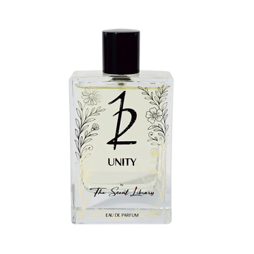 Unity eau de parfum by The Scent Library, a clear rectangular glass bottle with a black cap, the '12' logo and floral line art