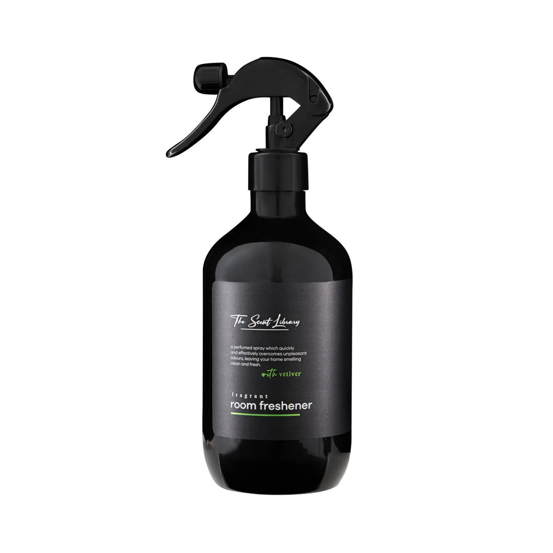 Vetiver woods room freshener by The Scent Library in a black trigger-spray bottle