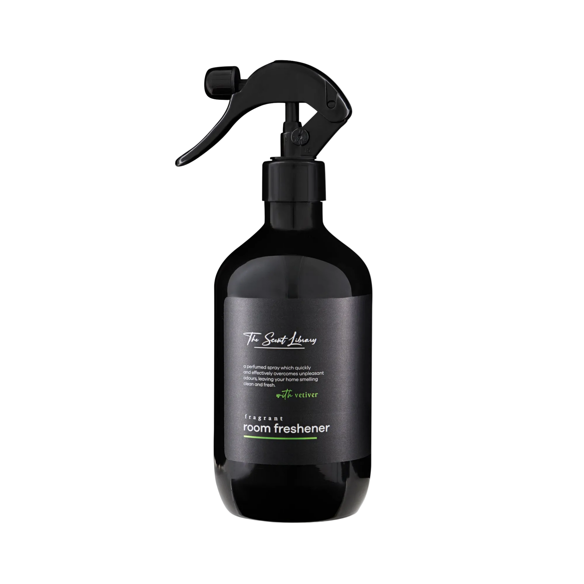 Vetiver woods room freshener by The Scent Library in a black trigger-spray bottle