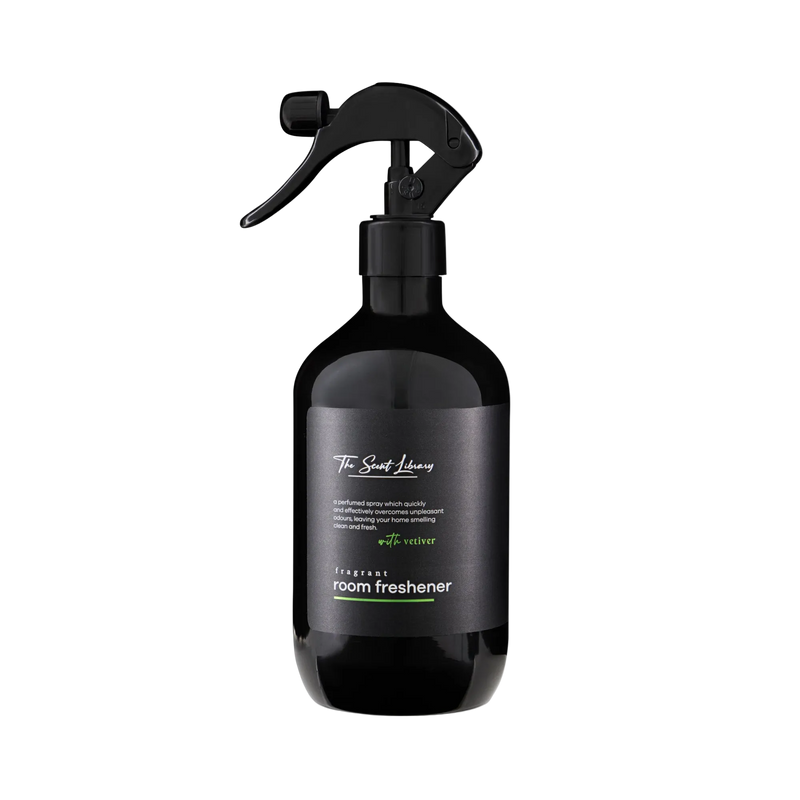 Vetiver woods room freshener by The Scent Library in a black trigger-spray bottle