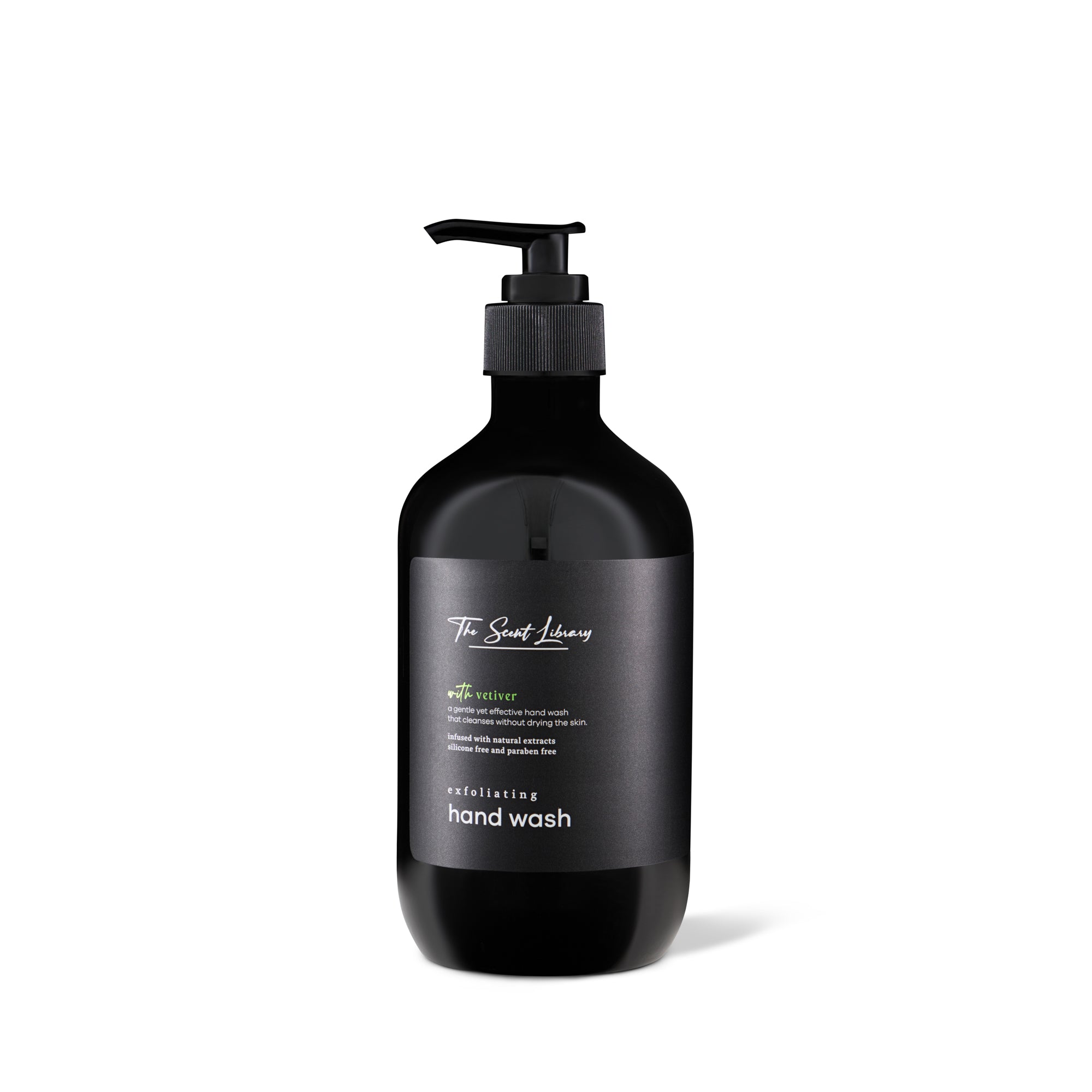 The Scent Library Vetiver scented handwash in a sleek black bottle for refreshing hand care