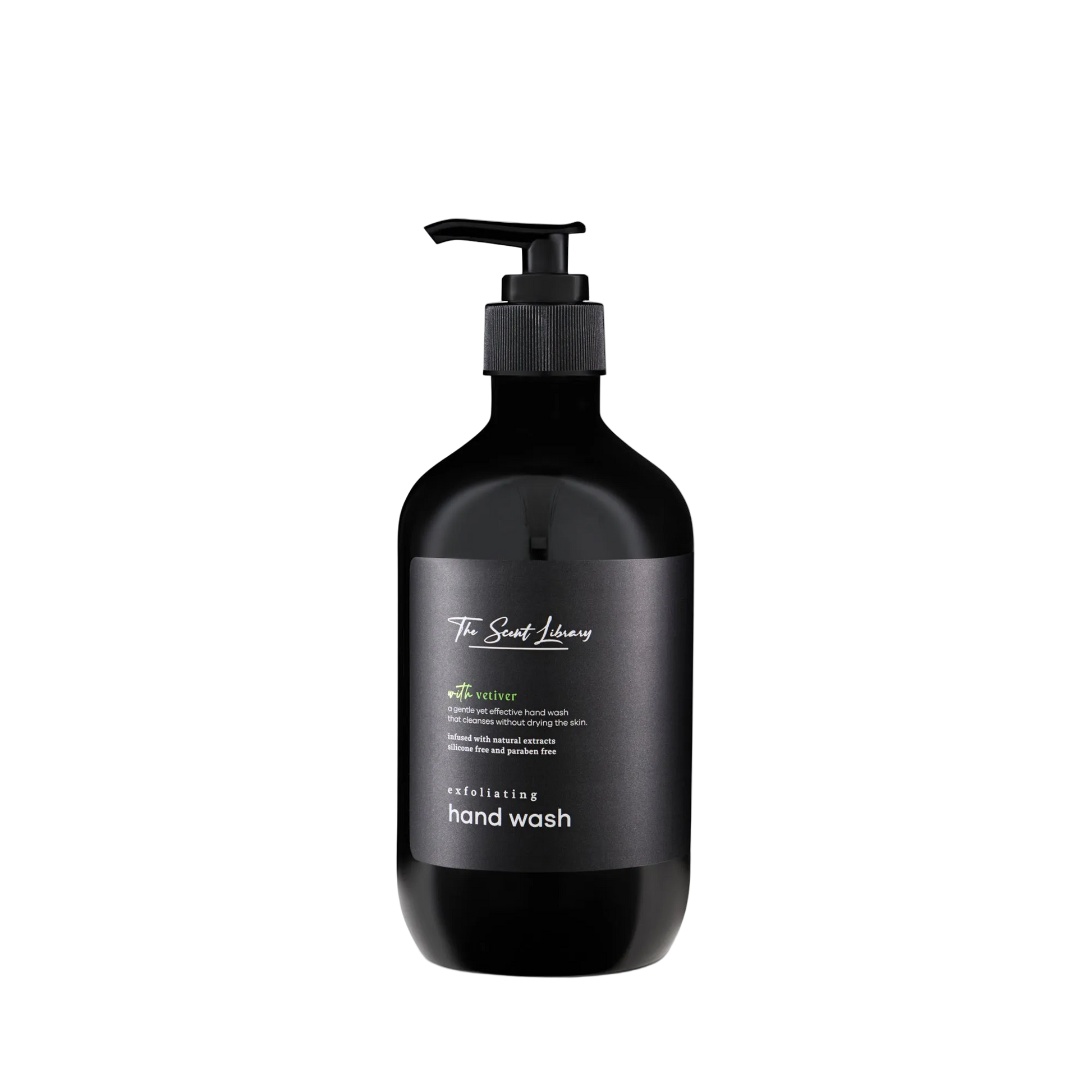 Vetiver woods exfoliating hand wash by The Scent Library in a black pump bottle with a gold label