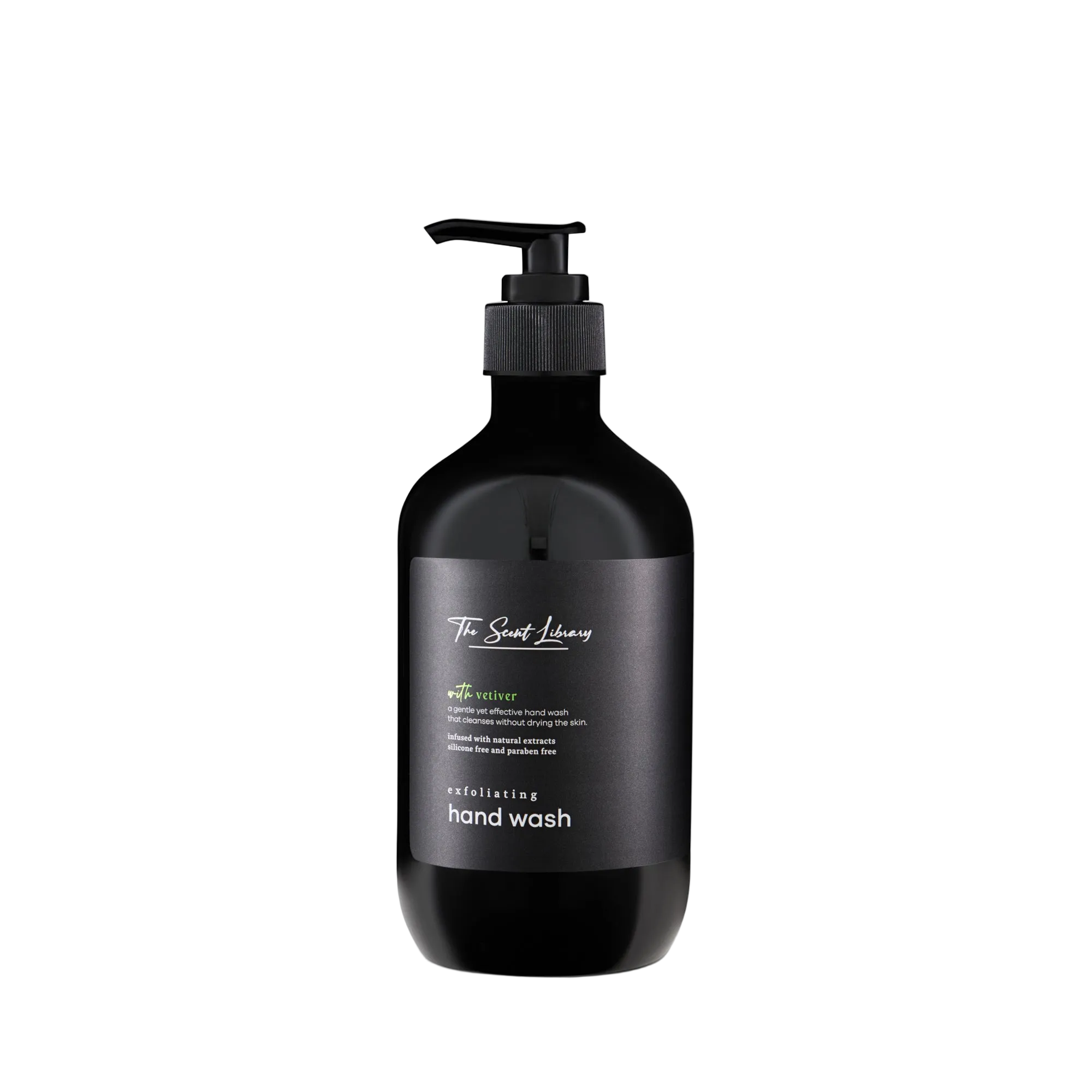Vetiver woods exfoliating hand wash by The Scent Library in a black pump bottle with a gold label