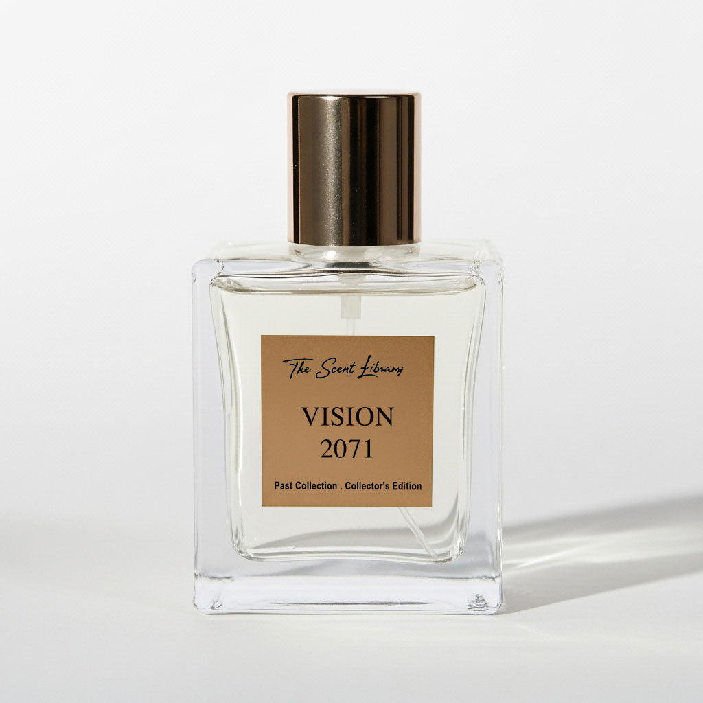 Vision 2071 eau de parfum by The Scent Library, a clear square glass bottle with a gold cap and amber fragrance, Past Collection Collector's Edition