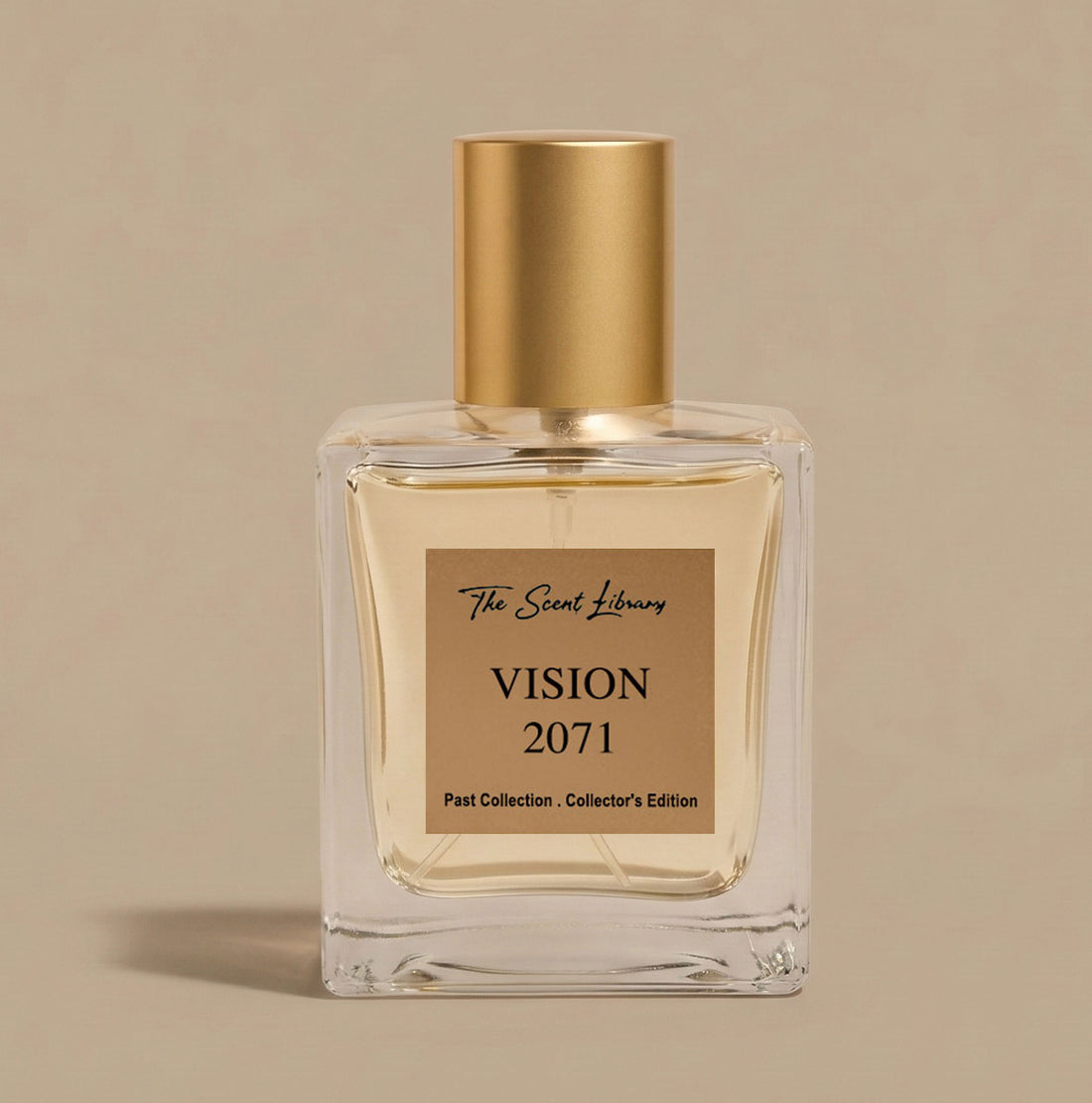 Vision 2071 eau de parfum by The Scent Library, a clear square glass bottle with a gold cap and amber fragrance, Past Collection Collector's Edition