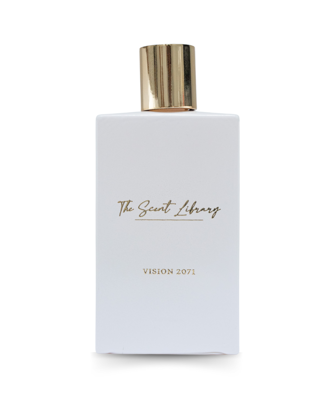 The Scent Library VISION 2071 luxury fragrance in a sleek white bottle with gold cap and lettering