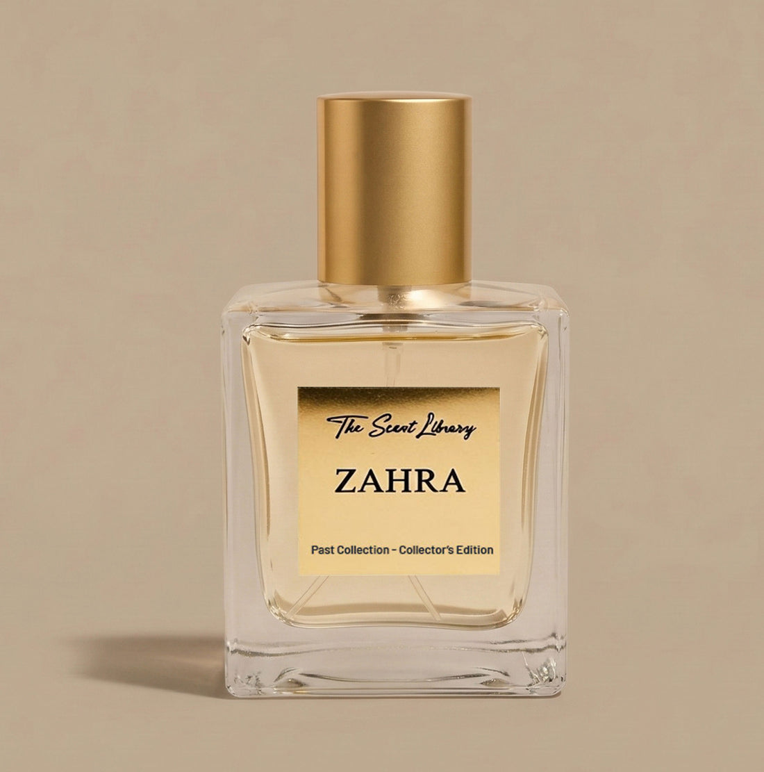 Zahra perfume by The Scent Library, a clear square glass bottle with a gold cap, Collector's Edition with Damask rose