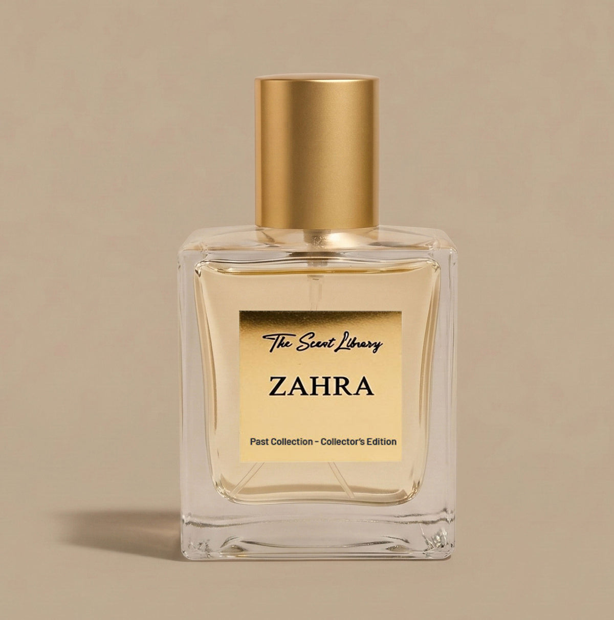 Zahra perfume by The Scent Library, a clear square glass bottle with a gold cap, Collector's Edition with Damask rose