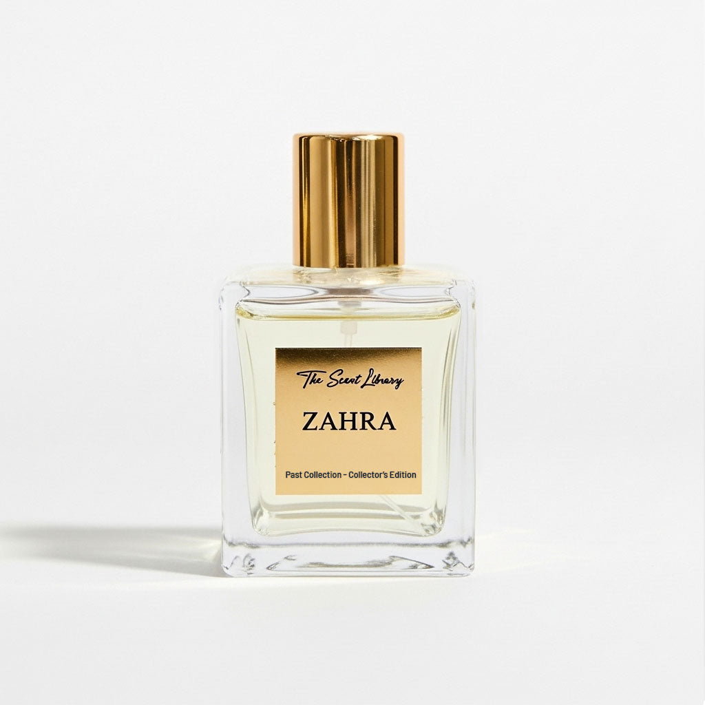 Zahra perfume by The Scent Library, a clear square glass bottle with a gold cap, Collector's Edition with Damask rose