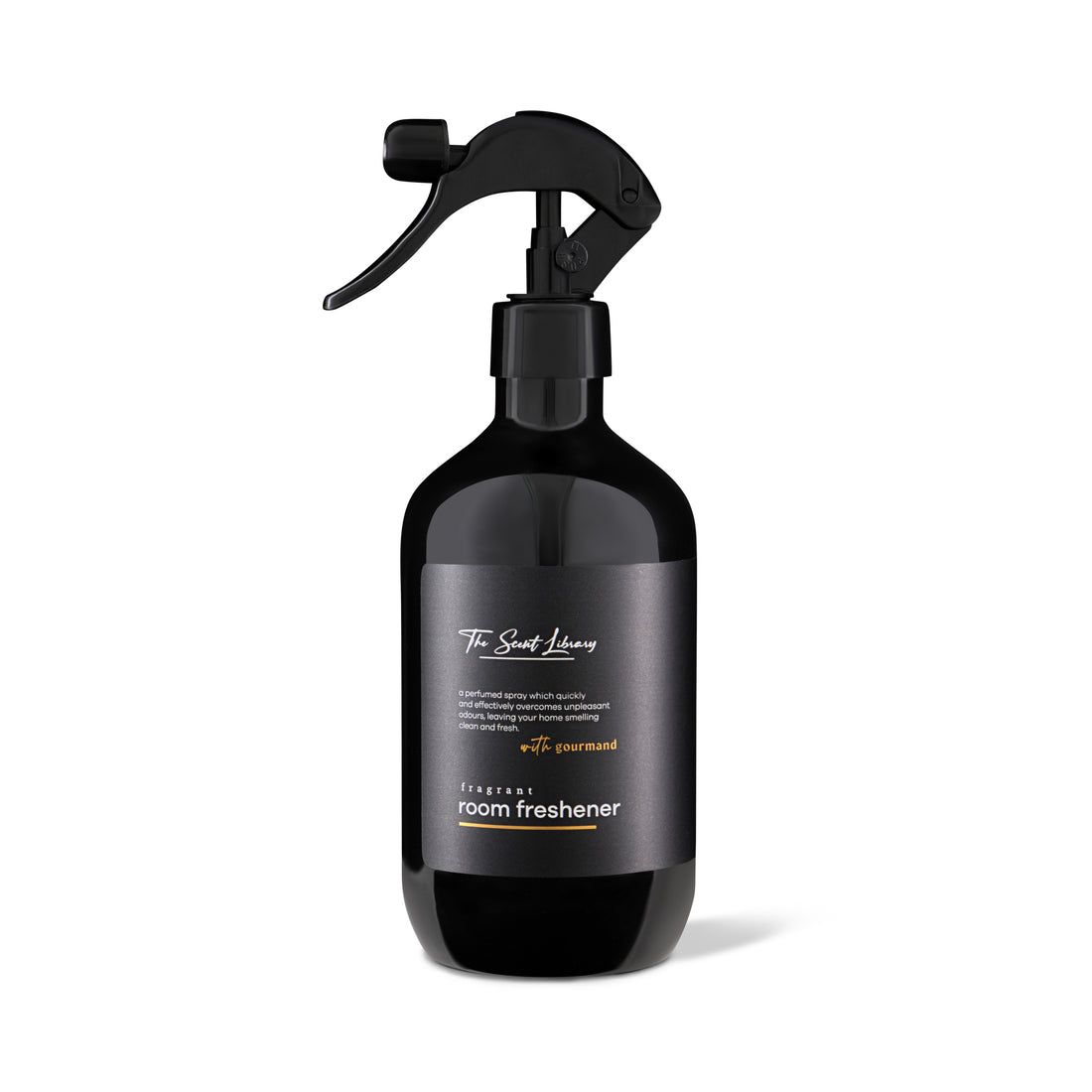 The Scent Library Gourmand Room Freshener in a black spray bottle for enhancing indoor fragrance