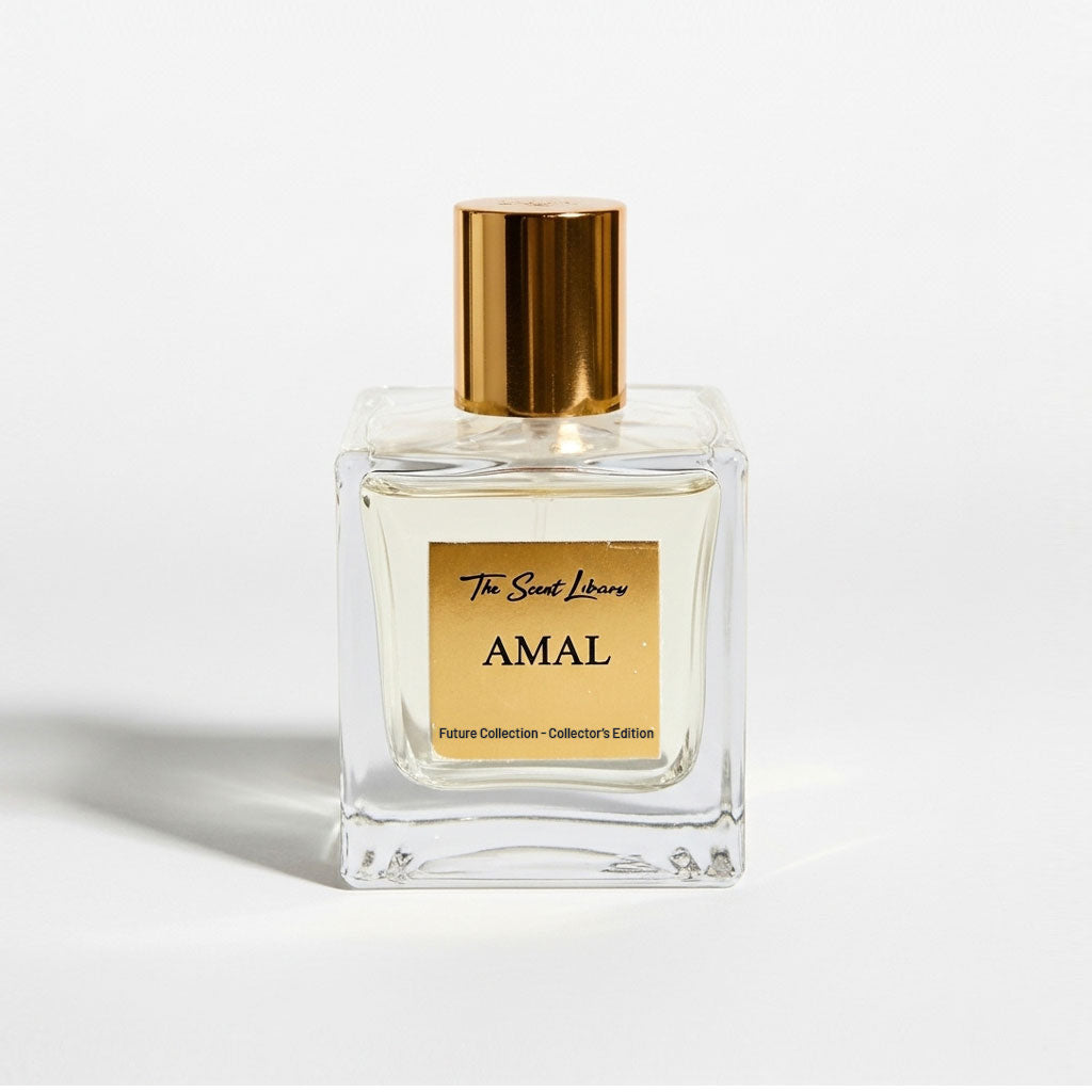 Amal perfume Dubai from The Scent Library in a glass bottle with a gold cap