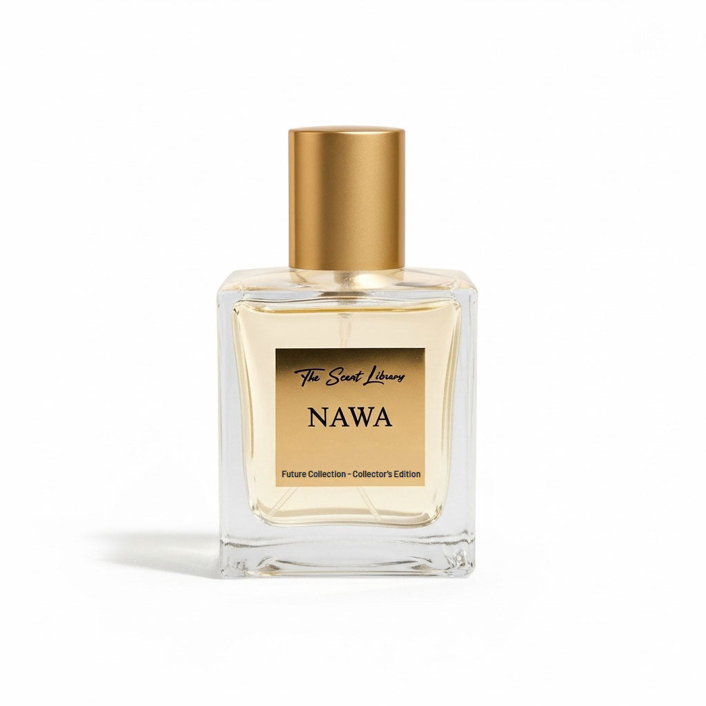 The Scent Library Nawa perfume Dubai in an elegant glass bottle with a gold cap