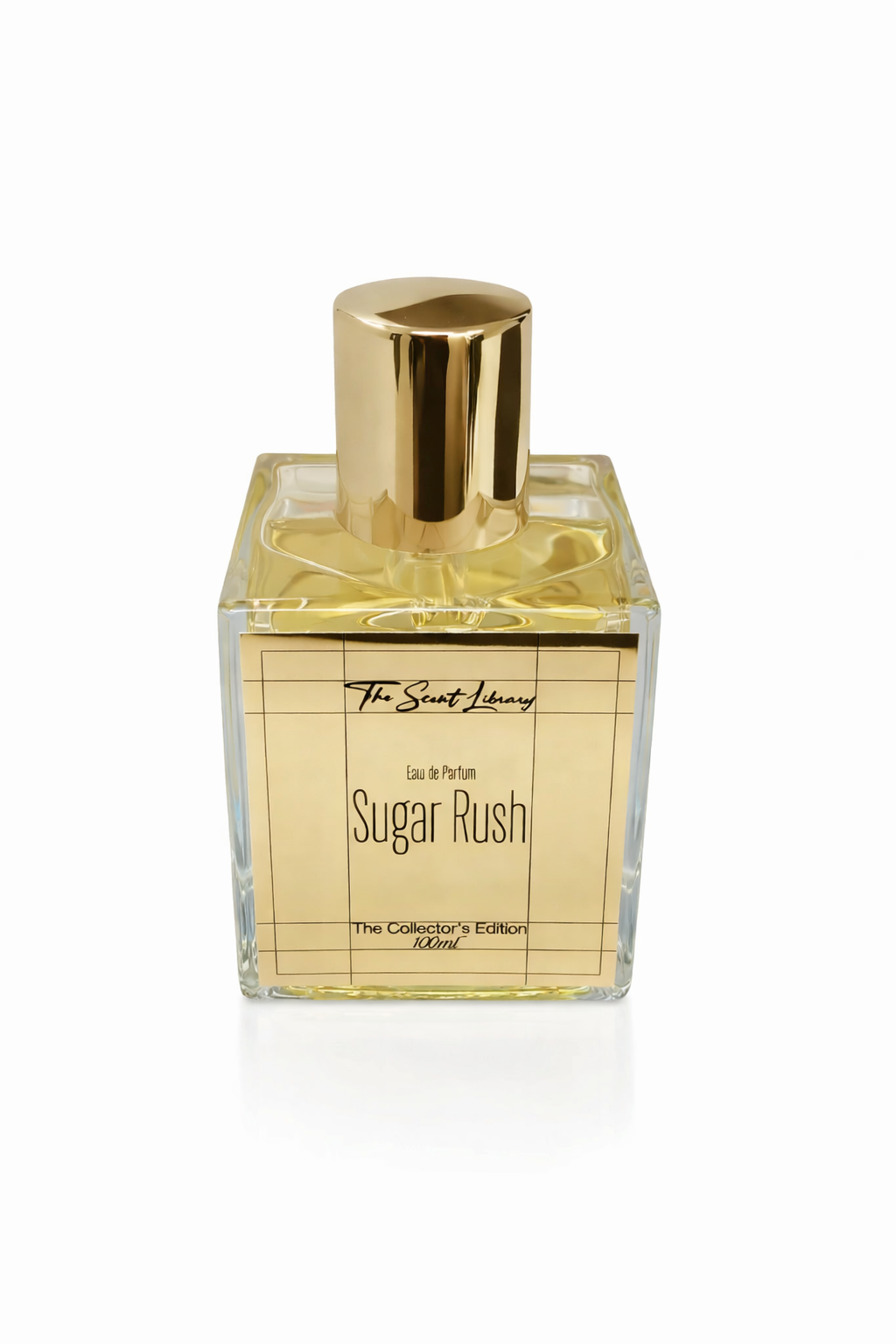 The Scent Library Sugar Rush perfume bottle with a gold cap and elegant packaging
