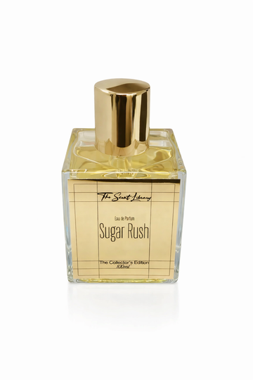 The Scent Library Sugar Rush perfume bottle with a gold cap and elegant packaging
