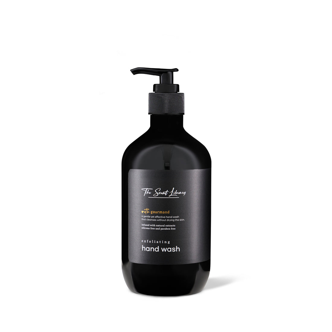 The Scent Library Gourmand Handwash Emirati Collection in a sleek black bottle for luxurious hand cleansing