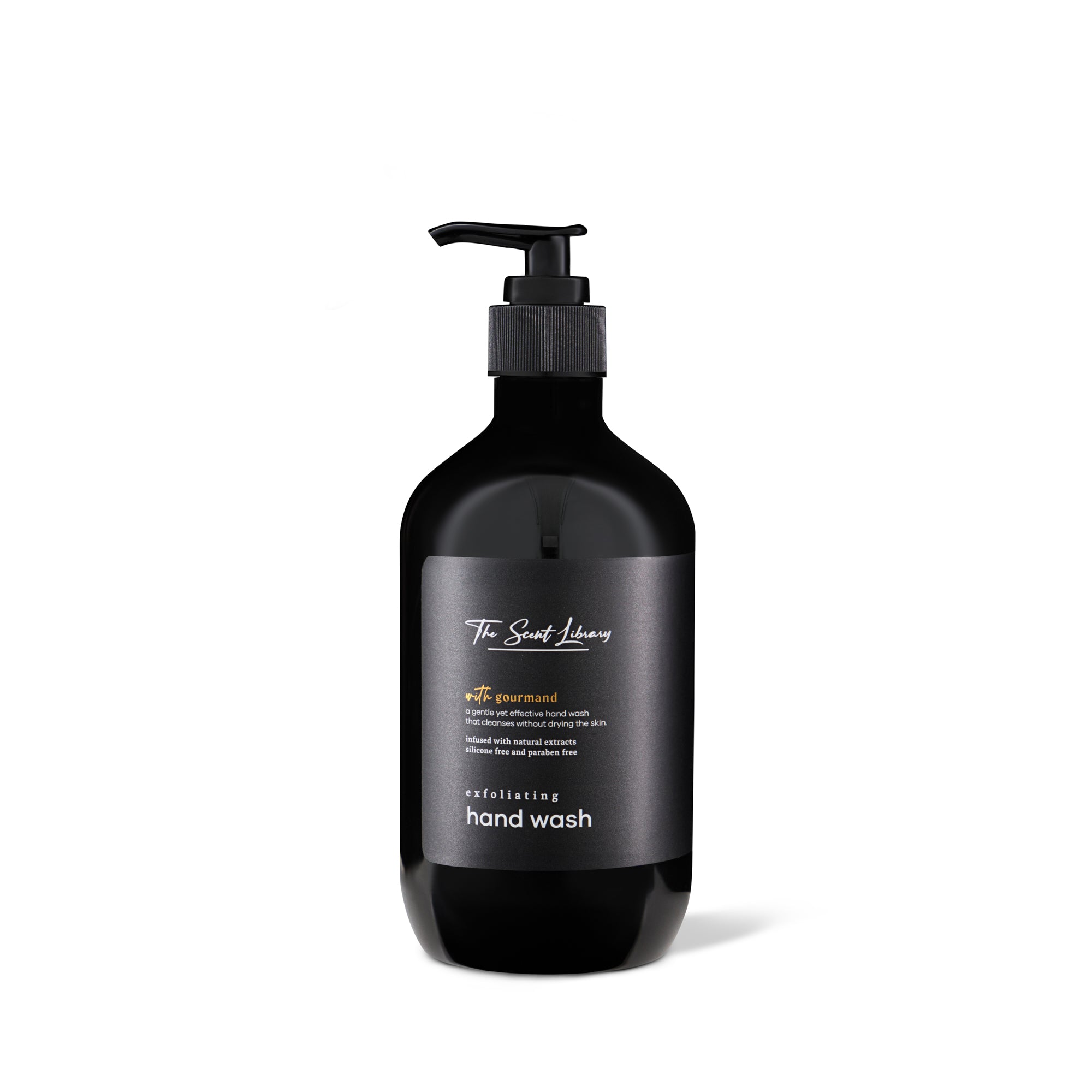 The Scent Library Gourmand Handwash Emirati Collection in a sleek black bottle for luxurious hand cleansing