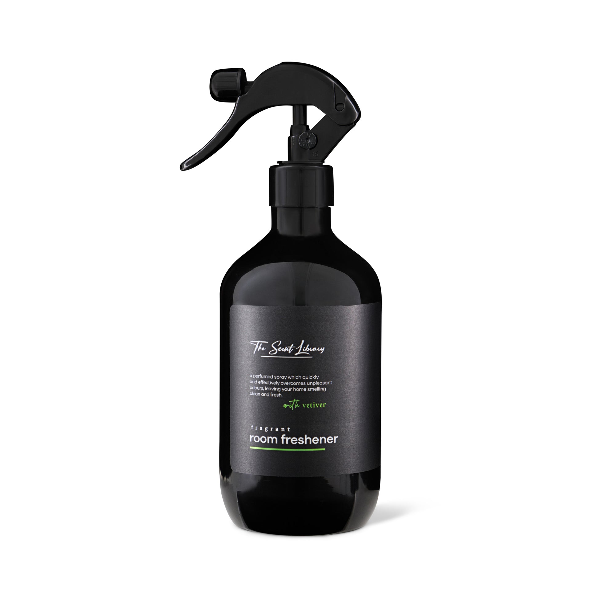 The Scent Library Vetiver room freshener in a sleek black spray bottle for refreshing spaces