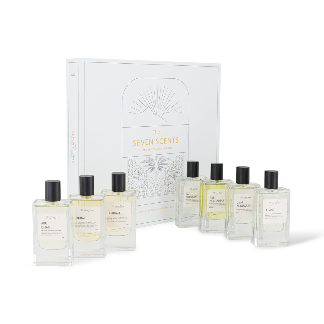 The Seven Scents of UAE fragrance gift set featuring seven artisanal perfumes in elegant bottles