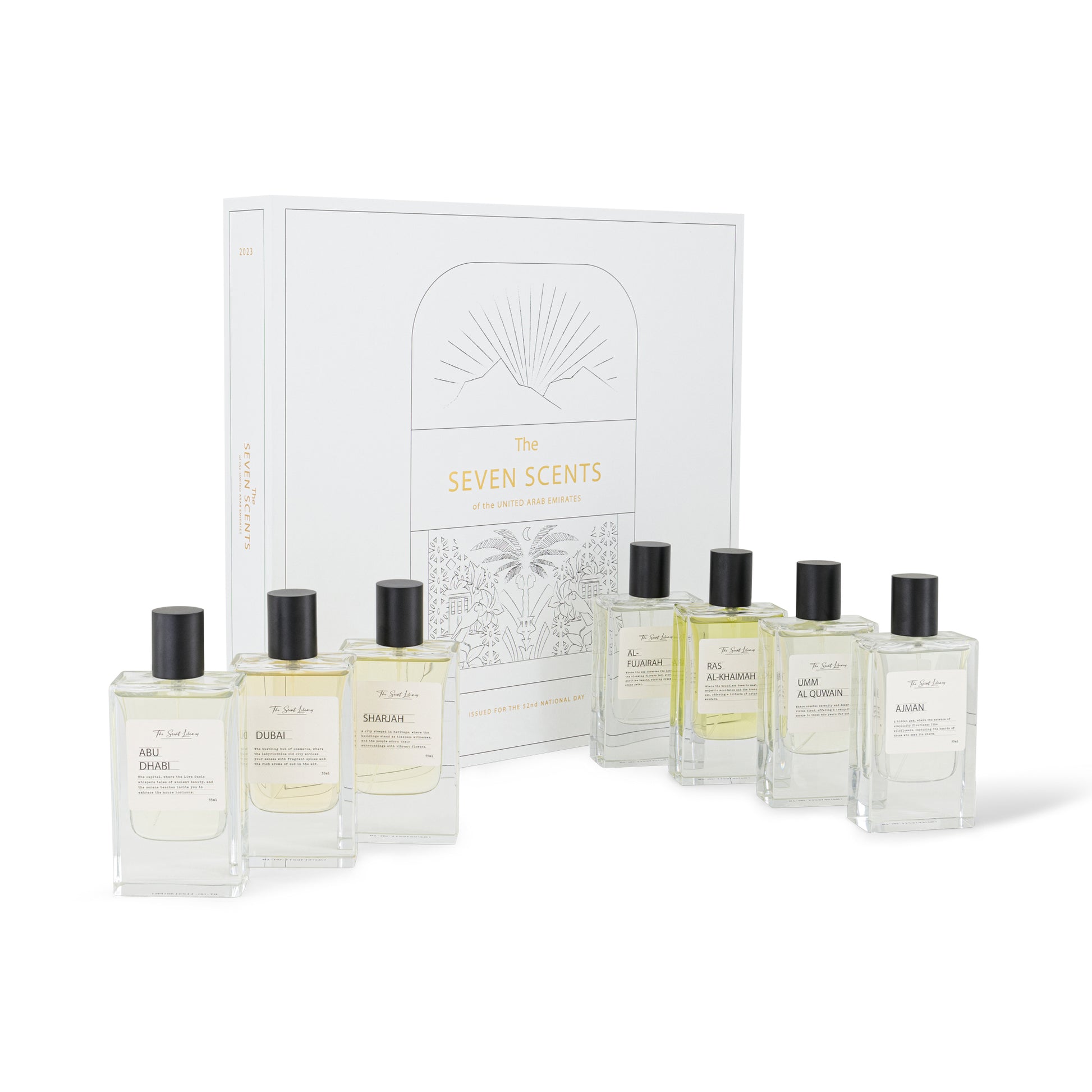 The Seven Scents of UAE fragrance gift set featuring seven artisanal perfumes in elegant bottles