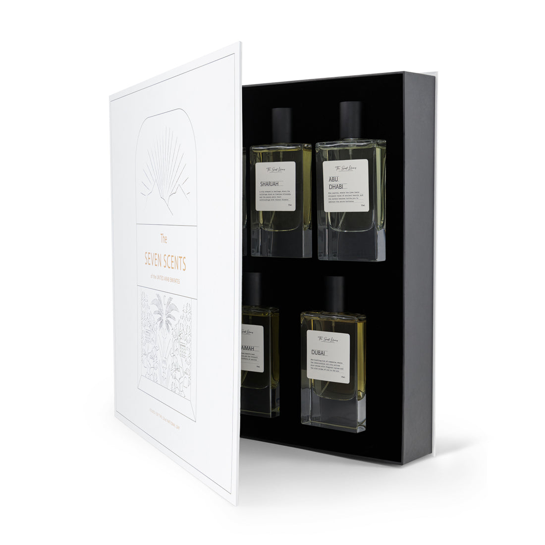The Seven Scents of UAE fragrance gift set featuring seven artisanal perfumes in elegant bottles