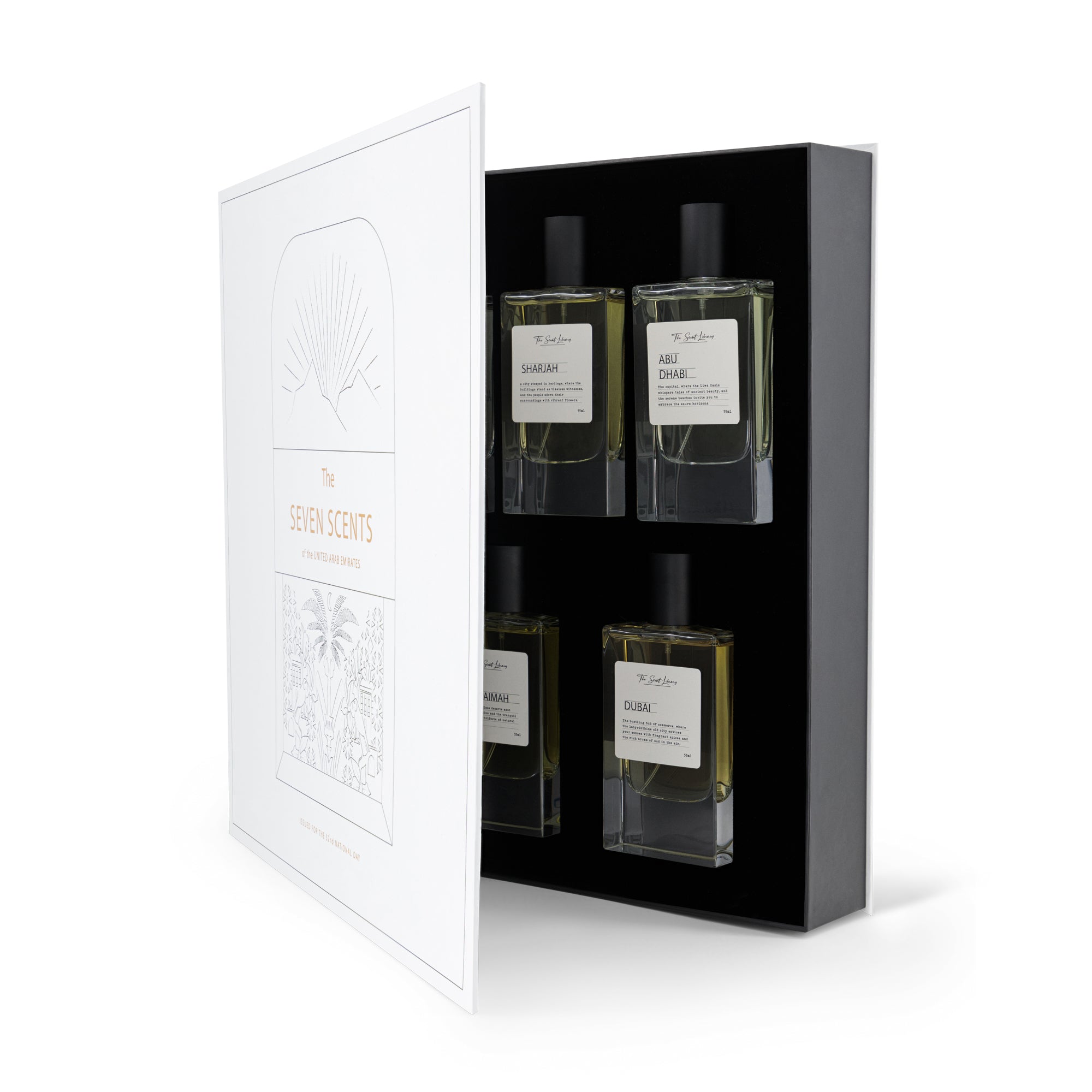 The Seven Scents of UAE gift set featuring four unique fragrance bottles in an elegant box