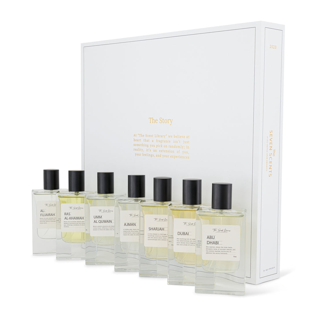 The Seven Scents of UAE fragrance gift set featuring seven artisanal perfumes in elegant bottles